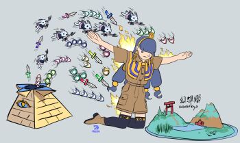 1girl artist_logo artist_name blue_hair blunt_bangs brown_shirt brown_shorts collared_shirt commentary danmaku david_hrusa earrings english_commentary facial_mark fire fossilized_wonders full_body gensokyo gold_hairband gold_headwear grey_background hairband highres jewelry key_earrings kneeling lake logo long_hair meme michigami_nareko misty_lake outstretched_arms pyramid_(structure) rabbit scarlet_devil_mansion shirt short_sleeves shorts simple_background solo spread_arms sword the_silent_protector_(meme) torii touhou triangle triangle_facial_mark weapon wing_collar