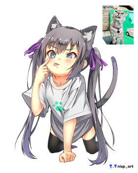 1girl absurdres akanbe animal_ear_fluff animal_ears artist_logo artist_name black_socks blue_eyes blush cat cat_ears cat_girl cat_tail clenched_hand collarbone commentary_request eyelid_pull finger_to_eye hair_ribbon highres kneeling logo long_hair long_shirt nisp_art no_shoes original paw_print personification purple_ribbon reference_inset ribbon russian_commentary shirt short_sleeves sidelocks simple_background socks solo tail thighhighs tongue tongue_out v-shaped_eyebrows white_background white_shirt