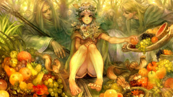 1boy 2girls animal barefoot cape cornucopia dragon&#039;s_crown elf_(dragon&#039;s_crown) ending feet flower food fruit grapes legs multiple_girls official_art pear pointy_ears scepter shorts silver_hair squirrel watermelon yellow_eyes