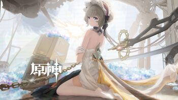 1girl back blonde_hair blue_eyes closed_mouth commentary_request dress genshin_impact gloves hair_between_eyes highres long_hair sandrone_(genshin_impact) solo thighhighs wboss white_dress white_gloves white_thighhighs