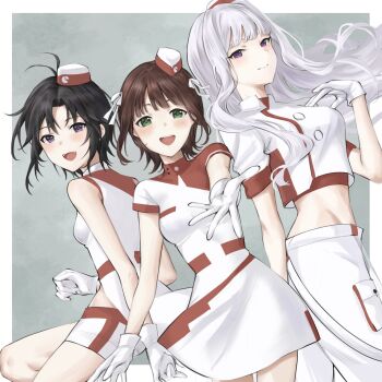 3girls absurdres aburi-gatana amami_haruka antenna_hair black_hair blush bow breasts brown_hair closed_mouth crop_top dress feet_out_of_frame floating_hair garrison_cap gloves green_eyes grey_hair hair_bow hat highres idolmaster idolmaster_(classic) kikuchi_makoto long_hair looking_at_viewer looking_to_the_side medium_breasts midriff mini_hat multiple_girls open_mouth pants purple_eyes reaching reaching_towards_viewer shijou_takane shirt short_hair short_sleeves shorts small_breasts smile voy@ger_(idolmaster) white_dress white_gloves white_pants white_shirt white_shorts