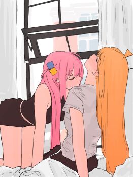 Rule 34 | 2girls, ahoge, black shorts, black tank top, blonde hair, blush, bocchi the rock!, closed eyes, commentary request, cube hair ornament, gotoh hitori, hair ornament, highres, ijichi nijika, indoors, kneeling, long hair, mentos pepsi, multiple girls, pink hair, shirt, shorts, tank top, white shirt, window, yuri