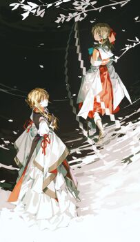 2girls absurdres black_hair blonde_hair commentary detached_sleeves dress expressionless falling_leaves folded_fan folding_fan gohei hakurei_reimu hand_fan highres holding holding_fan huang_gua layered_dress leaf light_smile long_sleeves looking_at_viewer looking_back multiple_girls outdoors purple_tabard red_shirt red_skirt shirt skirt tabard touhou white_dress yakumo_yukari