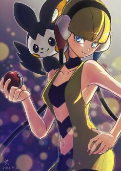 1girl absurdres bare_arms black_choker black_fur blonde_hair blue_eyes blunt_bangs blush_stickers breasts choker collarbone dress elesa_(pokemon) emolga flying_squirrel gen_5_pokemon grin hand_up headphones highres holding holding_poke_ball mato. medium_breasts nintendo pantyhose poke_ball poke_ball_(basic) pokemon pokemon_(creature) pokemon_bw short_dress short_hair sleeveless sleeveless_dress smile squirrel two-tone_fur upper_body white_fur yellow_dress