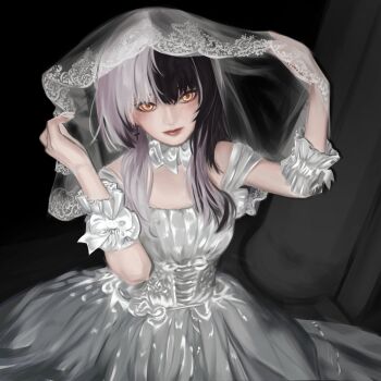 1girl absurdres alternate_costume black_hair breasts closed_mouth dress earrings grey_hair highres hololive hololive_english jewelry kooi_koyume long_hair looking_at_viewer multicolored_hair see-through_clothes see-through_veil shiori_novella small_breasts solo split-color_hair two-tone_hair veil virtual_youtuber white_dress