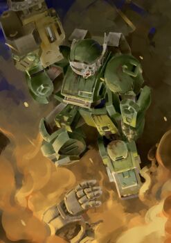 arm_up armored_trooper burning commentary_request ephe99261012 gun hashtag-only_commentary highres holding holding_gun holding_weapon looking_down mecha mecha_focus no_humans painterly robot science_fiction scopedog smoke soukou_kihei_votoms standing underlighting weapon wreckage