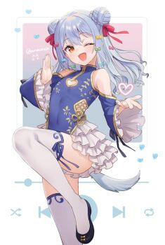 1boy anecokgm blue_dress blue_hair bow china_dress chinese_clothes commission cowboy_shot crossdressing crossdressing_(mtf) detached_sleeves digital_media_player double_bun dress fang frilled_dress frilled_sleeves frills hair_bow hair_bun hand_up inuyama_tamaki inuyama_tamaki_(5th_costume) knee_up long_sleeves looking_at_viewer male_focus multiple_hair_bows noripro official_alternate_costume one_eye_closed red_ribbon ribbon side_up_bun skeb_commission smile solo standing standing_on_one_leg thighhighs trap virtual_youtuber white_thighhighs yellow_eyes zettai_ryouiki