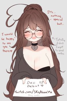 ahoge bandaid bandaid_on_face bandaid_on_nose black_bra black_choker blush bra breasts brown_hair choker cleavage closed_eyes fang heart heart-shaped_lock heart_ahoge heart_choker highres holding holding_paper huge_ahoge indie_virtual_youtuber large_breasts lock long_hair open_mouth oversized_clothes oversized_sweater paper round_eyewear simple_background single_bare_shoulder skin_fang sky_above_me sky_above_me_(vtuber) sweater twitch_username underwear virtual_youtuber white_background