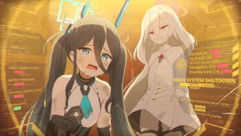 Rule 34 | 2girls, aris (armed) (blue archive), aris (blue archive), bare shoulders, black gloves, black hair, blue archive, blue eyes, blue necktie, clenched teeth, colored skin, commentary request, crying, crying with eyes open, dress, english text, female pov, gloves, hair between eyes, halo, hamachikichiki, highres, kei (blue archive), kei (new body) (blue archive), long hair, looking at viewer, mecha musume, multiple girls, necktie, open mouth, pov, red eyes, ringed eyes, sad, tears, teeth, twintails, white dress, white hair, white skin