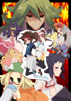 &gt;_&lt; 10s 4boys 6+girls benga_(pokemon) bianca_(pokemon) black_hair blonde_hair blue_eyes brown_eyes brown_hair caitlin_(pokemon) cheren_(pokemon) closed_eyes crown dark_skin donut_hair_bun double_bun elesa_(pokemon) elite_four glasses green_eyes green_hair guitar gym_leader hair_bun hat headphones hugh_(pokemon) instrument iris_(pokemon) multicolored_hair multiple_boys multiple_girls n_(pokemon) nakamura_sandayo nate_(pokemon) necktie nintendo one_eye_closed orange_hair pantyhose pokemon pokemon_bw2 purple_hair raglan_sleeves red_hair rosa_(pokemon) roxie_(pokemon) silver_hair skirt topknot twintails two-tone_hair visor_cap wink