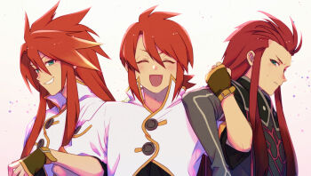 Rule 34 | 3boys, asch (tales), black tabard, blush, brown gloves, closed eyes, dual persona, elbow gloves, fingerless gloves, gloves, gradient background, green eyes, grey gloves, grin, hair between eyes, hair slicked back, hashtag-only commentary, jacket, locked arms, long hair, luke fon fabre, male focus, mifuta, multiple boys, official alternate hair length, official alternate hairstyle, open mouth, parted lips, popped collar, red hair, short hair, short sleeves, shoulder pads, sidelocks, smile, spiked hair, straight-on, sweatdrop, tabard, tales of (series), tales of the abyss, upper body, white jacket