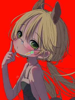 1girl absurdres ahoge animal_ears apron bare_arms bare_shoulders blonde_hair breasts chinese_zodiac closed_mouth commentary_request extra_ears glasses green_apron green_eyes head_tilt highres horse_ears index_finger_raised kemonomimi_mode long_hair looking_at_viewer low_twintails made_in_abyss red_background riko_(made_in_abyss) sekaineko_001 semi-rimless_eyewear simple_background small_breasts solo sticker sticker_on_face twintails under-rim_eyewear upper_body very_long_hair white-framed_eyewear year_of_the_horse