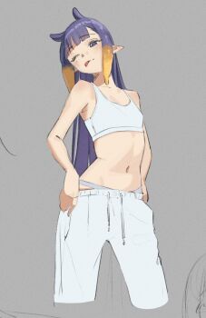 1girl blunt_bangs blush bra breasts clothes_pull collarbone commentary cowboy_shot cropped_legs drawstring english_commentary gradient_hair grey_background grey_bra grey_panties grey_pants hair_flaps head_tilt highres hololive hololive_english long_hair looking_at_viewer mole mole_under_eye multicolored_hair navel ninomae_ina'nis one_eye_closed orange_hair panties pants pants_pull pulling_own_clothes purple_eyes purple_hair samukzz sidelocks simple_background sketch small_breasts smile solo sports_bra standing stomach sweatpants tentacle_hair tongue tongue_out underwear very_long_hair virtual_youtuber