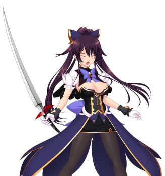 Rule 34 | 1girl, black pantyhose, bow, breasts, cleavage, closed eyes, game cg, genseishinki sacred virth, gloves, hair ornament, high ponytail, holding, holding sword, holding weapon, large breasts, large variant set, long hair, magical girl, miniskirt, non-web source, official art, open mouth, pantyhose, ponytail, purple hair, sacred noire, skirt, solo, standing, sword, transparent background, variant set, weapon, white gloves, yuugure pairo, yuuki setsu