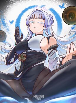 1girl abhaya_mudra bead_bracelet beads bracelet breasts buddhism butterfly_sitting colored_eyelashes detached_sleeves goddess_of_victory:_nikke grey_hair highres indian_style jewelry large_breasts long_hair looking_at_viewer lotus_pedestal mechanical_arms meditation mudra musan_pro nayuta_(nikke) one_eye_closed pantyhose prayer_beads sideboob single_detached_sleeve single_mechanical_arm sitting solo thick_eyelashes very_long_hair white_eyelashes white_hair