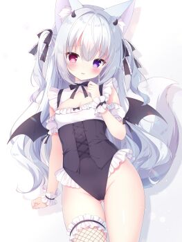 Rule 34 | 1girl, animal ear fluff, animal ears, black bow, black bowtie, black leotard, black ribbon, black thighhighs, blush, bow, bowtie, breasts, cleavage, commentary, cowboy shot, detached sleeves, drop shadow, fishnet thighhighs, fishnets, fox ears, fox girl, fox tail, frilled leotard, frilled ribbon, frilled thighhighs, frilled wrist cuffs, frills, grey hair, hair between eyes, hair ribbon, hand up, heterochromia, highres, leotard, long hair, looking at viewer, nekoboshi yuki, open mouth, original, purple eyes, red eyes, ribbon, short sleeves, simple background, single thighhigh, small breasts, solo, tail, thighhighs, two side up, white background, white sleeves, wrist cuffs
