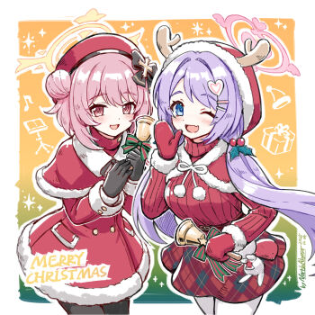 2girls absurdres alternate_costume antlers bell beret blue_archive blue_eyes blush bow breasts capelet christmas commentary dress english_commentary eyebrows_hidden_by_hair fur-trimmed_capelet fur-trimmed_dress fur-trimmed_headwear fur_trim gloves hair_bun hair_ornament hanae_(blue_archive) hanae_(christmas)_(blue_archive) hat highres holding horns large_breasts long_hair long_sleeves looking_at_viewer low_twintails multiple_girls north_abyssor one_eye_closed open_mouth pantyhose pink_hair purple_hair red_capelet red_dress red_eyes reindeer_antlers santa_costume santa_hat serina_(blue_archive) serina_(christmas)_(blue_archive) sidelocks smile standing twintails