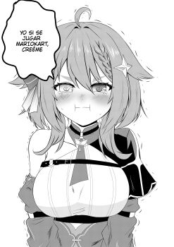 1girl absurdres ahoge belt belt_buckle blush bow braid braided_bangs breasts buckle chest_belt commentary cross-shaped_pupils detached_sleeves dithering frown hair_bow hair_flaps hair_ornament heterochromia highres indie_virtual_youtuber kimurasenpai large_breasts meica_(1st_costume)_(vtuber) meica_(vtuber) mismatched_pupils necktie o-ring o-ring_belt pendant_collar pout shaking shirt side_capelet simple_background single-shoulder_shirt sleeve_garter spanish_commentary spanish_text speech_bubble sprout-shaped_pupils sprout_pendant star_(symbol) star_hair_ornament sweat symbol-shaped_pupils taut_clothes taut_shirt tearing_up translated upper_body virtual_youtuber white_background