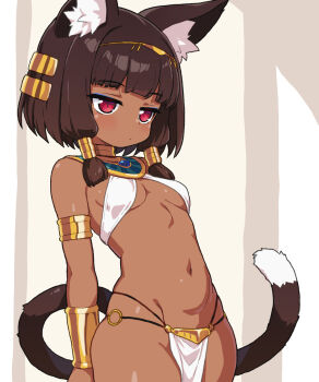 1girl ancient_egyptian ancient_egyptian_clothes animal_ear_fluff animal_ears armlet bangle bare_shoulders blunt_bangs bracelet breasts brown_hair cat_ears cat_tail commentary cowboy_shot dark-skinned_female dark_skin expressionless hair_tubes highres brown_egyptian_cat-eared_loli_(trend) jewelry jitome navel original red_eyes revealing_clothes shirogane_hakuba short_hair small_breasts solo tail usekh_collar white_loincloth