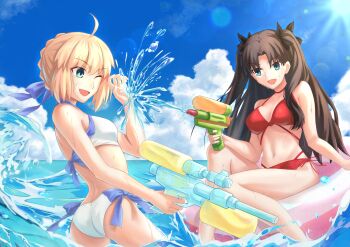 Rule 34 | 1girl, ahoge, andychen662000, artoria pendragon (fate), artoria pendragon (swimsuit archer) (fate), ass, bikini, black hair, blonde hair, blue bow, blue sky, bow, braid, bun with braided base, butt crack, cloud, fate/grand order, fate/stay night, fate (series), green eyes, hair bow, hair bun, highres, holding, holding water gun, horizon, one eye closed, outdoors, pool float, red bikini, side-tie bikini bottom, sidelocks, sky, solo, splashing, swimsuit, tohsaka rin, water, water gun, white bikini