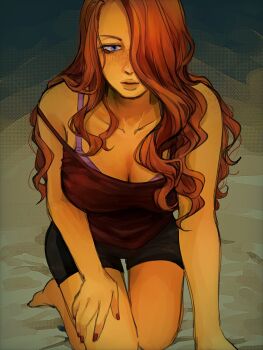 1girl barefoot black_shorts blue_eyes bra_strap breasts cleavage freckles hair_over_one_eye hashtag-only_commentary highres large_breasts long_hair looking_at_viewer necochan100 no_i&#039;m_not_a_human on_bed orange_hair parted_lips red_nails red_shirt seductive_woman_(no_i&#039;m_not_a_human) shirt shorts sleeveless sleeveless_shirt