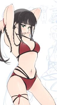 1girl akira_hjk armpits bikini black_hair breasts closed_mouth commentary_request green_eyes hair_ornament hairpin hairpin_in_mouth highres kurosawa_dia kurosawa_dia_(dengeki_g's_poster_swimsuit) love_live! love_live!_sunshine!! medium_breasts navel red_bikini solo stomach swimsuit tying_hair