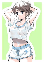 1girl arms_up blue_eyes border breasts brown_hair cleavage commentary_request cowboy_shot dolphin dragon_quest dragon_quest_x drawstring hair_tie heroine_(dq10) highres looking_at_viewer medium_breasts midriff_peek momo_nei navel shirt short_sleeves shorts sketch solo sweat wet wet_clothes wet_shirt white_border