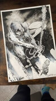 Rule 34 | 1boy, animal print, bird, bodysuit, building, cityscape, dynamic pose, giada belviso, greyscale, highres, male focus, marvel, monochrome, multicolored bodysuit, night, night sky, peter parker, photo (medium), print bodysuit, silk, sky, skyline, skyscraper, spider-man, spider-man (series), spider print, spider web, spider web print, spidersona, superhero costume, traditional media, two-tone bodysuit, web shooter, western comics (style)