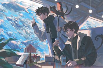 2boys ao_no_exorcist aquarium bag black_hair black_jacket book brothers cat coffee curled_tail curtains fangs fish highres holding holding_bag jacket kuro_(ao_no_exorcist) lamp looking_outside male_focus multiple_boys multiple_moles necktie ocean okumura_rin okumura_yukio plant pointy_ears rives scarf short_hair siblings sitting standing twins weapon_bag white_jacket
