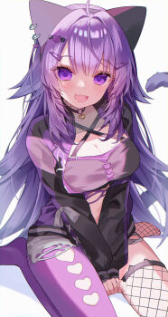 1girl absurdres ahoge animal_ear_fluff animal_ears asymmetrical_legwear breasts cat_ears cat_girl cat_tail choker cleavage clothing_cutout collarbone commentary_request crop_top hair_between_eyes heart_cutout highres hololive large_breasts long_hair long_sleeves looking_at_viewer navel nekomata_okayu nekomata_okayu_(gyaru) o-ring o-ring_choker official_alternate_costume official_alternate_hair_length official_alternate_hairstyle open_mouth purple_eyes purple_hair scrunchie short_shorts shorts simple_background sitting solo stomach tail torn_clothes torn_shorts uneven_legwear ureinnn very_long_hair virtual_youtuber white_background white_shorts