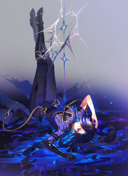 Rule 34 | 1girl, alternate color, black boots, black gloves, black hair, black pants, blue eyes, blue shirt, boots, commentary request, genshin impact, gloves, highres, leggings, legs up, mavuika (genshin impact), orange sekaii, pants, shirt, single glove, solo