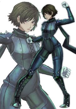 1girl absurdres black_boots black_scarf blue_bodysuit bodysuit boots braid breasts brown_hair chaosoded clenched_hands closed_mouth commentary covered_navel cowboy_shot crown_braid english_commentary full_body gloves hand_up highres knee_boots long_sleeves looking_at_viewer medium_breasts multiple_views niijima_makoto persona persona_5 queen_(persona_5) raised_fist red_eyes scarf serious short_hair shoulder_spikes spikes standing white_gloves