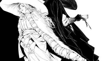 1boy 1girl back-to-back black_vs_white chinese_commentary cloak closed_mouth commentary_request cowboy_shot elden_ring extra_arms fur_cloak gloves greyscale hat highres holding holding_scroll long_hair long_sleeves megasus monochrome preceptor_seluvis ranni_the_witch scroll shirt standing wavy_hair wide_sleeves witch_hat