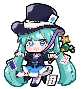 1girl :d absurdres aqua_hair black_hat black_jacket black_shoes blue_dress blue_eyes blush chibi chibi_only commentary_request dress full_body hat hatsune_miku highres holding holding_wand jacket long_hair looking_at_viewer magical_mirai_(vocaloid) magical_mirai_miku magical_mirai_miku_(2013) open_mouth shoes simple_background smile solo spade_(shape) star_(symbol) teeth ten_of_hearts thighhighs three_of_clubs tokita_rin tongue twintails upper_teeth_only very_long_hair vocaloid wand white_background white_thighhighs