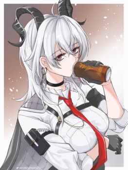 1girl arm_pouch arm_under_breasts bags_under_eyes black_choker black_gloves black_horns black_jacket breasts button_gap can chest_harness choker collared_shirt commentary_request curled_horns drink_can drinking earrings gloves grey_hair harness highres holding holding_can horns jacket jacket_on_shoulders jewelry key_earrings large_breasts long_hair looking_at_viewer mole mole_under_eye necktie partial_commentary pouch red_eyes red_necktie shirt solo twitter_username whayshimizu white_shirt wuthering_waves zani_(wuthering_waves)