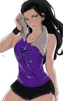 Rule 34 | 10s, 1girl, 71 (nanaichi drafting), black hair, brand name imitation, character name, clothes writing, executive mishiro, female focus, gym shorts, hair slicked back, idolmaster, idolmaster cinderella girls, long hair, mizuno (brand), ponytail, short shorts, shorts, solo, sweat, tank top, towel, towel around neck, white background