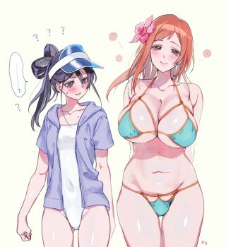 ... 2019 2girls arms_behind_back bare_shoulders bikini black_hair bleach bleach:_epilogue blue_eyes blush breast_envy breasts brown_eyes cleavage collarbone commentary female_focus flower framed_breasts happy hat huge_breasts inoue_orihime kuchiki_rukia long_hair looking_at_breasts looking_at_viewer multiple_girls navel okihana orange_hair shiny_skin simple_background skindentation small_breasts smile stomach swimsuit underboob white_background