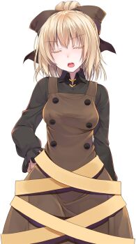 Rule 34 | 1girl, black bow, black shirt, blonde hair, bow, breasts, brown dress, buttons, closed eyes, collared shirt, colored eyelashes, commentary request, cowboy shot, crote, dress, facing viewer, frilled sleeves, frills, hair bow, hand on own hip, head tilt, highres, kurodani yamame, large variant set, long sleeves, medium breasts, open mouth, pinafore dress, ponytail, shirt, short hair, sleeveless, sleeveless dress, solo, standing, tachi-e, teeth, touhou, transparent background, u u, upper teeth only, v-shaped eyebrows, variant set
