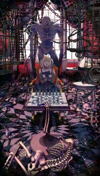 1boy 1girl ^_^ amane_misa black_dress blonde_hair blunt_bangs board_game bone book chain chess chess_piece choker closed_eyes commentary_request death_note dress edoya_inuhachi highres holding holding_book indoors open_mouth rem_(death_note) shinigami sitting twintails