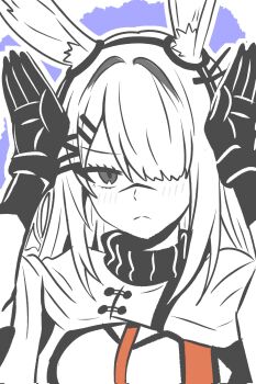 1girl animal_ears arknights blush closed_mouth commentary corrupted_twitter_file frostnova_(arknights) gloves hair_ornament hair_over_one_eye hairclip highres long_hair looking_at_viewer lucia_(luciatehe) one_eye_covered partially_colored rabbit_pose scar scar_on_face scar_on_nose solo split_mouth symbol-only_commentary upper_body