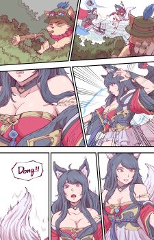 1boy 1girl absurdres ahri_(league_of_legends) animal_ears axe battle black_hair blowgun breasts cleavage comic darius_(league_of_legends) dart english_text fox_ears fox_tail furry highres large_breasts league_of_legends leveen magic miniskirt open_mouth poison second-party_source skirt sniping tail teemo
