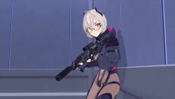 1girl 3d animated artist_request ass assault_rifle audible_speech bodysuit boots bouncing_breasts breasts english_audio explosive falling fangs fingerless_gloves firing glasses gloves grenade gun highres holding impractical_armor indie_virtual_youtuber jacket large_breasts mechanical_tail nails navel red_eyes rifle running saruei_(vtuber) scar scar_across_eye scar_on_face see-through_bodysuit see-through_clothes sniper_rifle sound suppressor tagme tail thumbs_up underboob video virtual_youtuber weapon white_hair