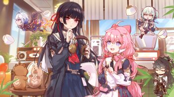 1boy 4girls arm_cutout black_hair black_jacket black_shirt black_skirt blue_hair bow buling_(wuthering_waves) chisa_(wuthering_waves) clothing_cutout commentary_request csyday cup dress encore_(wuthering_waves) galbrena_(wuthering_waves) hair_bow hair_ribbon highres holding holding_paper indoors jacket light_blush logo long_hair long_sleeves multiple_girls namipon_(wuthering_waves) neckerchief official_art paper parted_lips pink_bow pink_hair qiuyuan_(wuthering_waves) red_eyes red_neckerchief red_ribbon ribbon sailor_collar shirt skirt tacet_mark_(wuthering_waves) twitter_username white_dress white_sailor_collar wuthering_waves