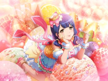 1girl :p blue_dress brown_eyes detached_sleeves dress food food-themed_clothes food-themed_hat game_cg hair_ornament hairclip hanayagi_kaoruko hand_on_own_cheek hand_on_own_face holding holding_spoon ice_cream looking_at_viewer medium_hair official_art on_food oversized_food oversized_object parfait pink_shoes puffy_detached_sleeves puffy_sleeves shoes short_twintails shoujo_kageki_revue_starlight shoujo_kageki_revue_starlight_-re_live- solo spoon tongue tongue_out twintails wrist_cuffs
