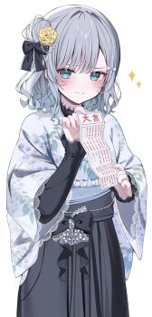 1girl :3 blue_eyes blush bow frilled_shirt frilled_sleeves frills grey_hair hair_bow hair_ornament highres holding_omikuji japanese_clothes kaga_sumire kimono long_sleeves looking_at_viewer momo_purin new_year omikuji print_kimono shirt short_hair simple_background smile smug solo sparkle virtual_youtuber vspo! white_background white_kimono