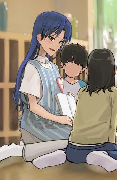 1boy 2girls absurdres apron black_hair blue_hair blurry blurry_background blush book child commentary dress_shirt epitaph_(1122) faceless faceless_male highres holding holding_book idolmaster idolmaster_(classic) indoors kisaragi_chihaya lapel_pin long_hair medium_hair multiple_girls on_floor pants shirt short_hair sitting smile wariza white_shirt window wooden_floor