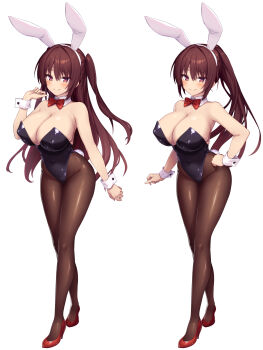 1girl absurdres animal_ear_hairband animal_ears artist_request bare_shoulders black_leotard bow bowtie breasts brown_hair brown_pantyhose cleavage commentary_request covered_navel detached_sleeves fake_animal_ears full_body hairband hand_on_own_hip hand_up high_heels highleg highleg_leotard highres large_breasts leotard light_blush long_hair looking_at_viewer original pantyhose pink_eyes playboy_bunny ponytail rabbit_ear_hairband rabbit_ears red_bow red_bowtie red_shoes second-party_source shinki_itten shoes simple_background smile strapless strapless_leotard two_side_up white_background white_hairband white_wrist_cuffs wrist_cuffs