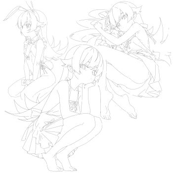 1girl absurdres animal_ear_hairband animal_ears apron arm_rest ass back_bow bare_legs barefoot between_legs bottomless bow bow_apron bowtie buttoned_cuffs buttons character_doll closed_mouth collarbone commentary_request covered_navel detached_collar doll dot_mouth dot_nose expressionless fake_animal_ears feet flat_chest flipped_hair frilled_sleeves frills from_above from_side frown full_body hair_between_eyes hair_flaps hair_spread_out hairband halterneck hand_between_legs head_rest highleg highleg_leotard highres hugging_doll hugging_object kneeling knees_up leotard lineart long_hair looking_at_viewer looking_to_the_side lying monogatari_(series) multiple_views on_side oshino_shinobu oversized_breast_cup plantar_flexion playboy_bunny pleated_skirt pointy_ears rabbit_ear_hairband rabbit_ears rabbit_tail ringed_eyes shishirui_san skirt sleeveless slit_pupils squatting strapless strapless_leotard tail tiptoes v_arms very_long_hair waist_bow wrist_cuffs