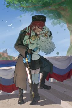 Rule 34 | 1girl, absurdres, alpha (alpha 1918), androgynous, arditi, armband, bird, bishounen, black boots, black coat, black gloves, black skirt, blue sash, blue sky, blush, boots, chokha, closed eyes, coat, collar, collared shirt, commission, commissioner upload, cossack, couple, crimea, cross, cross pendant, dagger, double-headed eagle, epaulettes, falling leaves, fluffkaiser, fluffy, fluffy hair, full body, fur hat, gloves, gold buttons, gold trim, grey pants, hair ornament, hand in another's hair, hat, hetero, highres, jacket, kenneth del duca, kiss, knee boots, knife, leaf, long hair, military, military uniform, miniskirt, non-web source, ocean, original, outdoors, pants, papakha, red hair, russian civil war, russian empire, russian flag, sash, scimitar, seagull, sheath, sheathed, shirt, shoulder boards, skirt, skull pin, sky, sleeve cuffs, sputnik and pogrom, standing, sword, thighhighs, tiptoes, tree, very long hair, waist sash, weapon, white gloves, white hair, white jacket, white shirt, white thighhighs, wide sleeves, zettai ryouiki