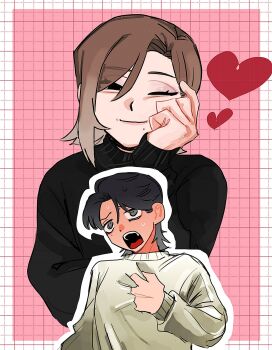 2girls black_eyes black_hair black_sweater blush brown_hair closed_mouth clutching_chest commentary_request doujinshi_cover_trope_(trend) grey_eyes grid_background hand_on_own_face heart highres ichikawa_miku_(nizideco1) mature_female mole mole_under_eye multiple_girls nizideco1 one_eye_closed original outline panicking parted_bangs projected_inset short_hair smile sweater tsuji_emi_(nizideco1) upper_body white_outline white_sweater yuri